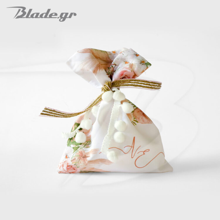 Μπομπονιέρα Boho Γάμου Πουγκί Με Λουλούδια Σε Λευκό Φόντο