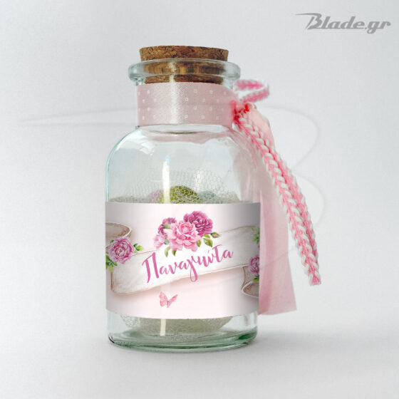 Μπομπονιέρα βάπτισης μπουκαλάκι με ρομαντικά ροζ λουλούδια