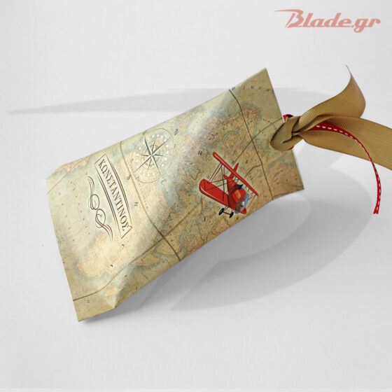 Χάρτινη τριγωνική μπομπονιέρα βάπτισης με χάρτη και κόκκινο αεροπλανάκι