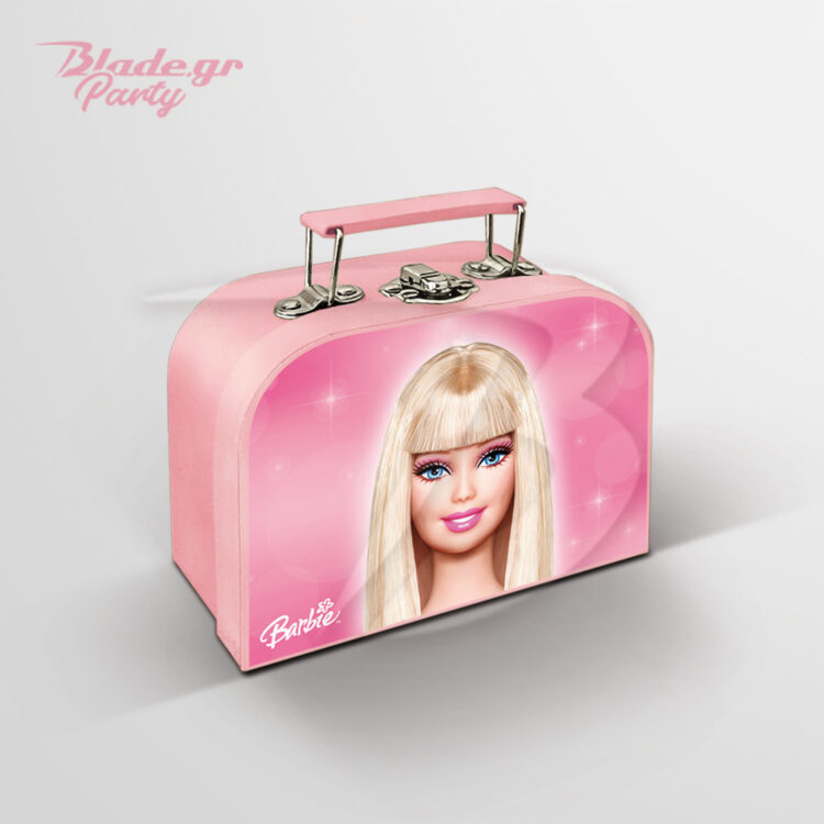 Ροζ βαλιτσάκι Barbie για δωράκι σε παιδικό παρτυ. Είναι φτιαγμένο από χοντρό υλικό κ' έχει μπροστά αυτοκόλλητο με το πρόσωπο της Barbie, το logo Barbie, σε ροζ φόντο