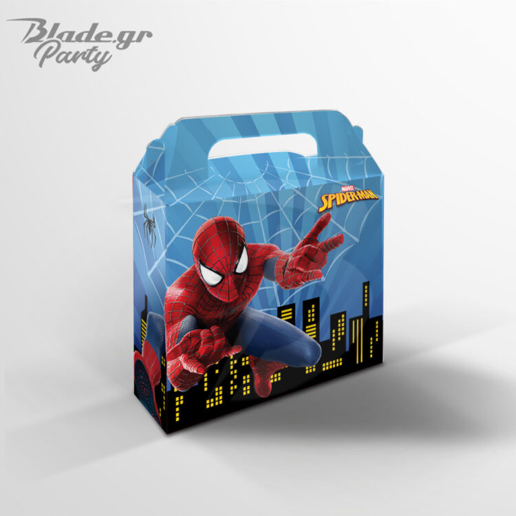 Lunchbox Spiderman δωράκι πάρτυ κουτί χάρτινο με τον Spiderman να πετάει πάνω από την πόλη σε γαλάζιο φόντο πίσω όψη