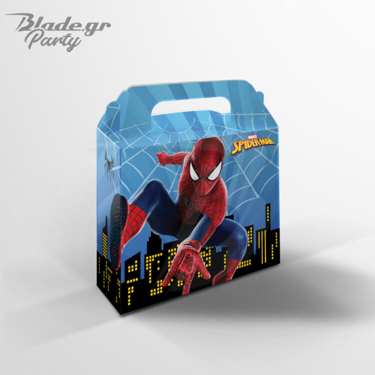 Lunchbox Spiderman δωράκι πάρτυ κουτί χάρτινο με τον Spiderman να πετάει πάνω από την πόλη σε γαλάζιο φόντο