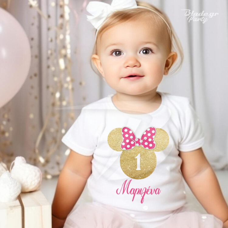Μίνυ φορμάκι για να το φορέσει στα γενέθλιά του μωρό ενός χρόνου, με χρυσό κεφάλι της Μινυ και ροζ φιόγκο