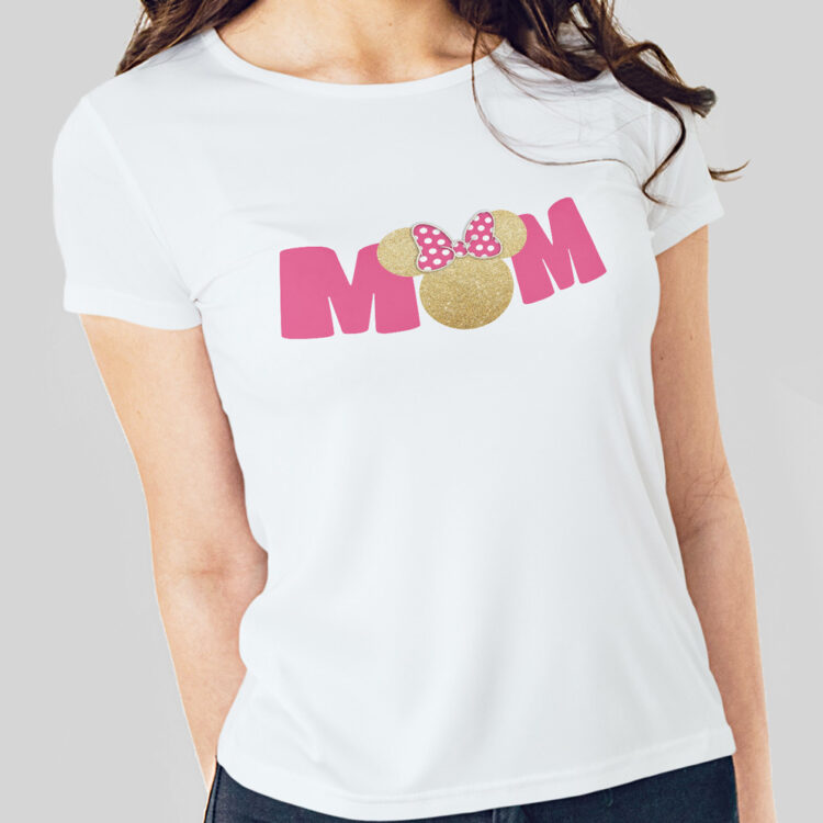 Tshirt Μίνυ Μάους Mum μπλουζάκι λευκό με ροζ γράμματα και χρυσό κεφάλι της Μίνυ Μάους για τη μαμά ιδανικό να το φορέσεις στο Μίνυ πάρτυ της κόρης σου