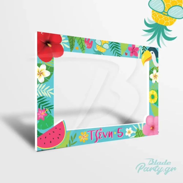 Photobooth tropical party με τροπικά λουλούδια, ανανά, τουκαν, καρπουζι κ' το όνομα της μικρής που έχει γενεθλια. Το απολυτο αξεσουαρ για τις αναμνηστικές φωτογραφίες του πάρτυ