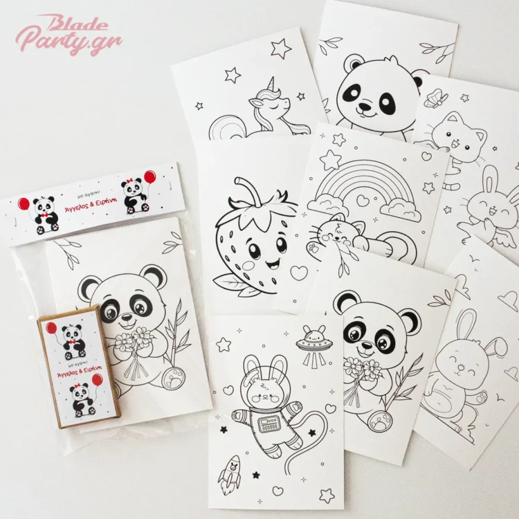 Δωράκι πάρτυ χρωμοσελίδες με κυρομπογιές Panda. Αποτελείται από πακέτο με 8 καρτέλες και 6 κυρομπογιές μέσα σε σακουλάκι. Κλείνει με tag Panda με το όνομα του παιδιού