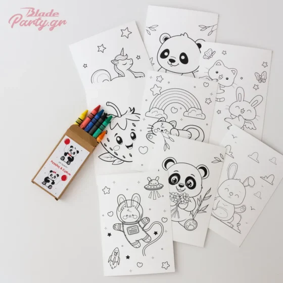 Δωράκι πάρτυ χρωμοσελίδες με κυρομπογιές Panda. Αποτελείται από πακέτο με 8 καρτέλες και 6 κυρομπογιές μέσα σε σακουλάκι. Κλείνει με tag Panda με το όνομα του παιδιού