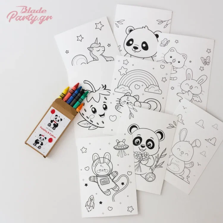 Δωράκι πάρτυ χρωμοσελίδες με κυρομπογιές Panda. Αποτελείται από πακέτο με 8 καρτέλες και 6 κυρομπογιές μέσα σε σακουλάκι. Κλείνει με tag Panda με το όνομα του παιδιού