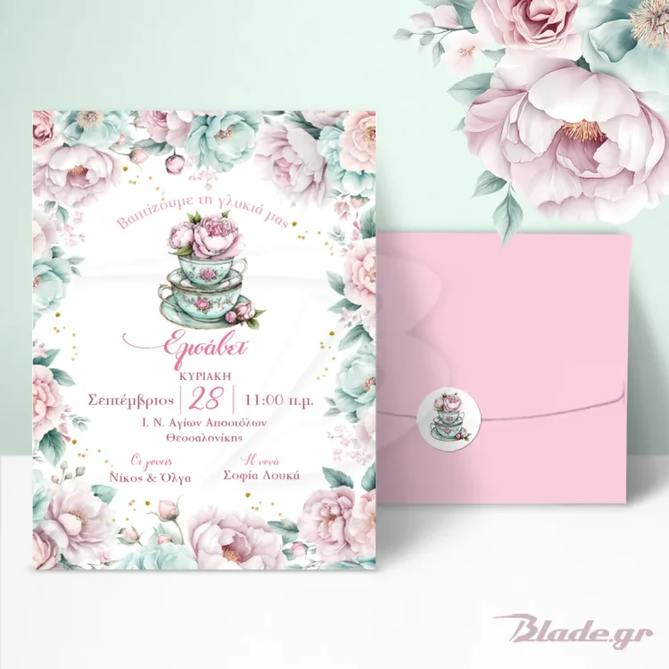 Πρόσκληση βάπτισης Tea Time με vintage φλιτζάνια και παστέλ λουλούδια με ροζ φάκελο