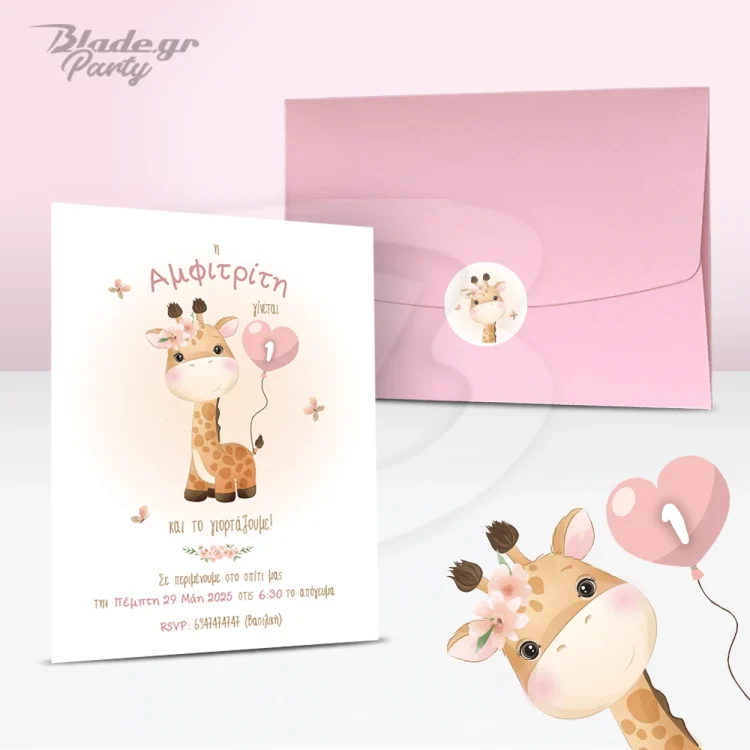 Πρόσκληση πάρτυ Καμηλοπάρδαλη με ροζ μπαλόνι που γράφει την ηλικία, ιδανικό για τα πρώτα γενέθλια | blade.gr