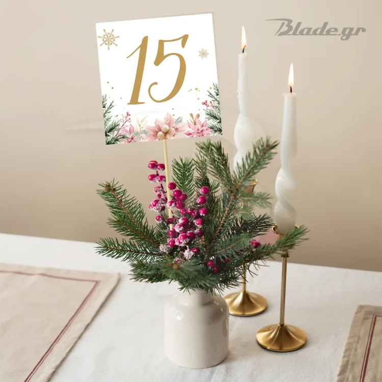 Χριστουγεννιάτικη Καρτέλα αρίθμησης τραπεζιού Ροζ Γκι σπαστή με καλαμάκι, κατάλληλη για τον στολισμό της δεξίωσης σε χριστουγεννιάτικη βάπτιση | blade.gr