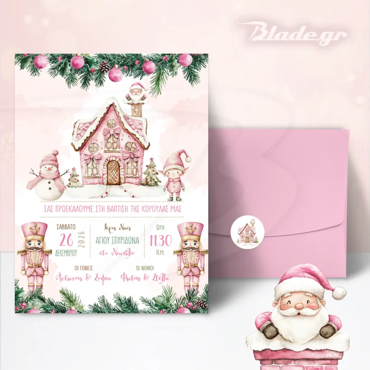 Πρόσκληση βάπτισης Ροζ Χριστούγεννα με τζιντζερόσπιτο, Αη Βα΄σιλη που βγαίνει από την καμινάδα, 2 ροζ καρυοθραύστες και χριστουγεννιάτικη γιρλάντα με ροζ λάμπες | blade.gr