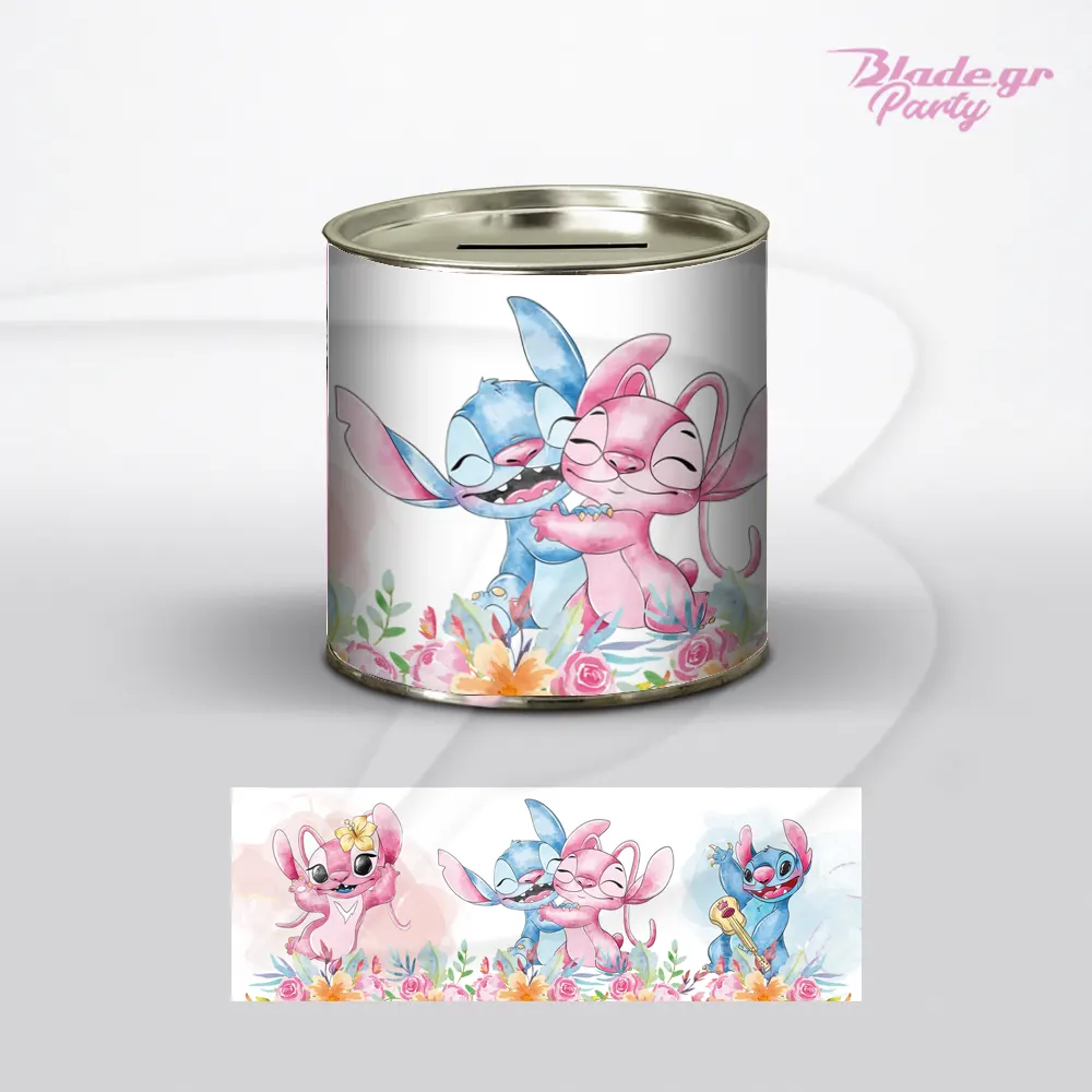 LILO STICH KOUBARAS 1 Μεταλλικός κουμπαράς με τον Stitch και την Angel σε αγκαλιά με watercolor floral σχέδιο και το flat ανάπτυγμα της εκτύπωσης