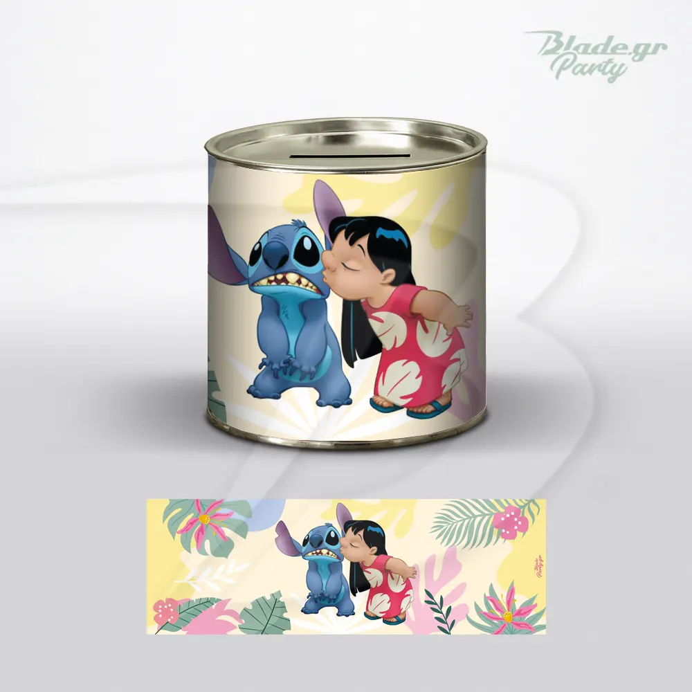 LILO STICH KOUBARAS 3 Μεταλλικός κουμπαράς με τον Stitch και την Angel αγκαλιά μέσα σε ροζ καρδιά και τροπικό φόντο με φύλλα και λουλούδια