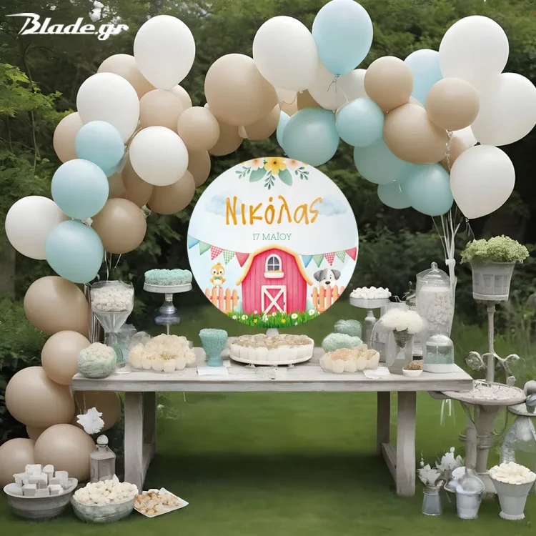 Προσωποποιημένο κυκλικό διακοσμητικό βάπτισης με θέμα τη φάρμα, κόκκινο στάβλο και ζωάκια