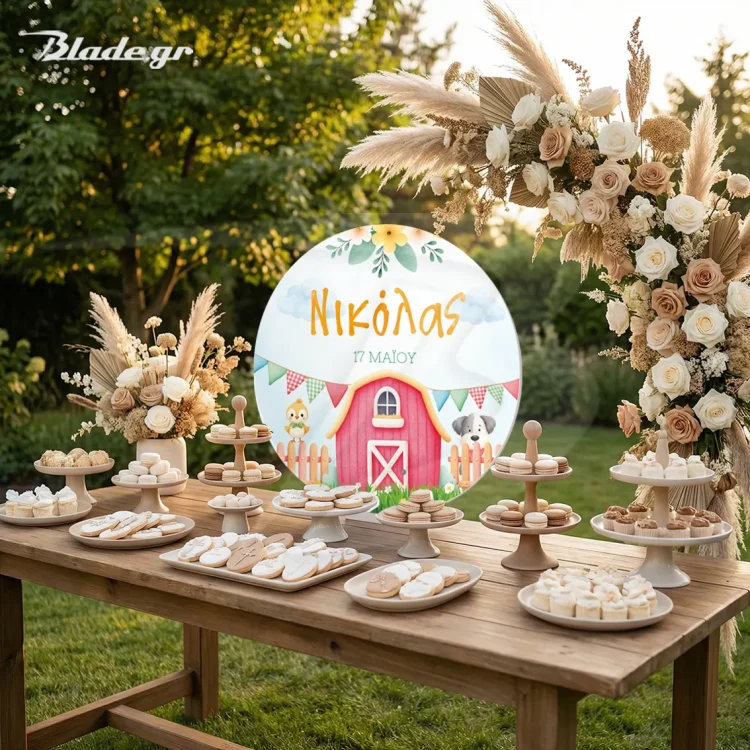 Προσωποποιημένο κυκλικό διακοσμητικό βάπτισης με θέμα τη φάρμα, κόκκινο στάβλο και ζωάκια