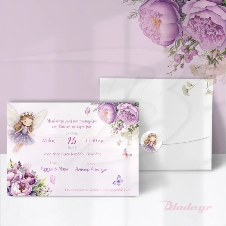Πρόσκληση βάπτισης νεράιδα και λιλά λουλούδια και πεταλούδες με Λιλά φάκελο και αυτοκόλλητο | blade.gr