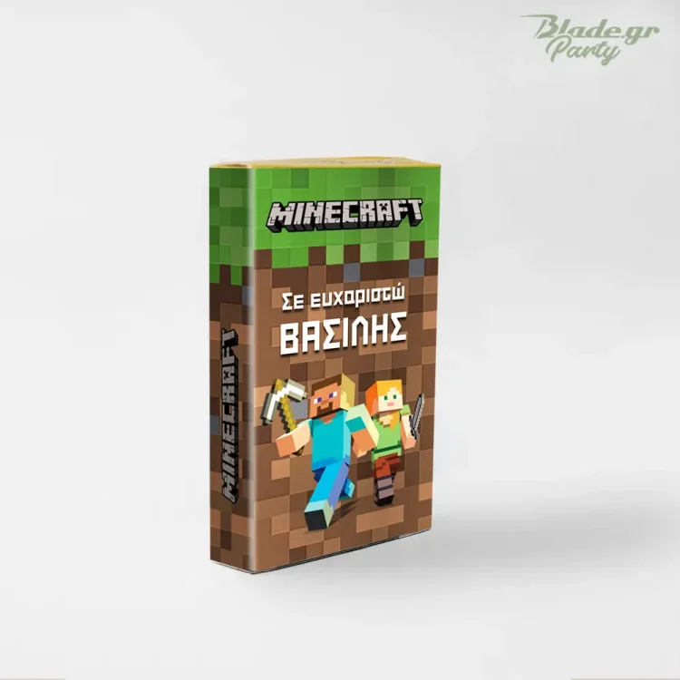 Προσωποποιημένο παιχνίδι τρίλιζα τσέπης με θέμα Minecraft, που δείχνει τον Steve και την Alex σε φόντο dirt block. Blade.gr