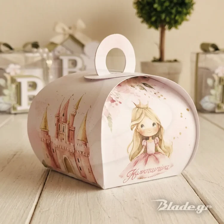 Μπομπονιέρα βάπτισης τσαντάκι πριγκίπισσα σε κάστρο σε ροζ αποχρώσεις, χάρτινη και οικονομική | blade.gr