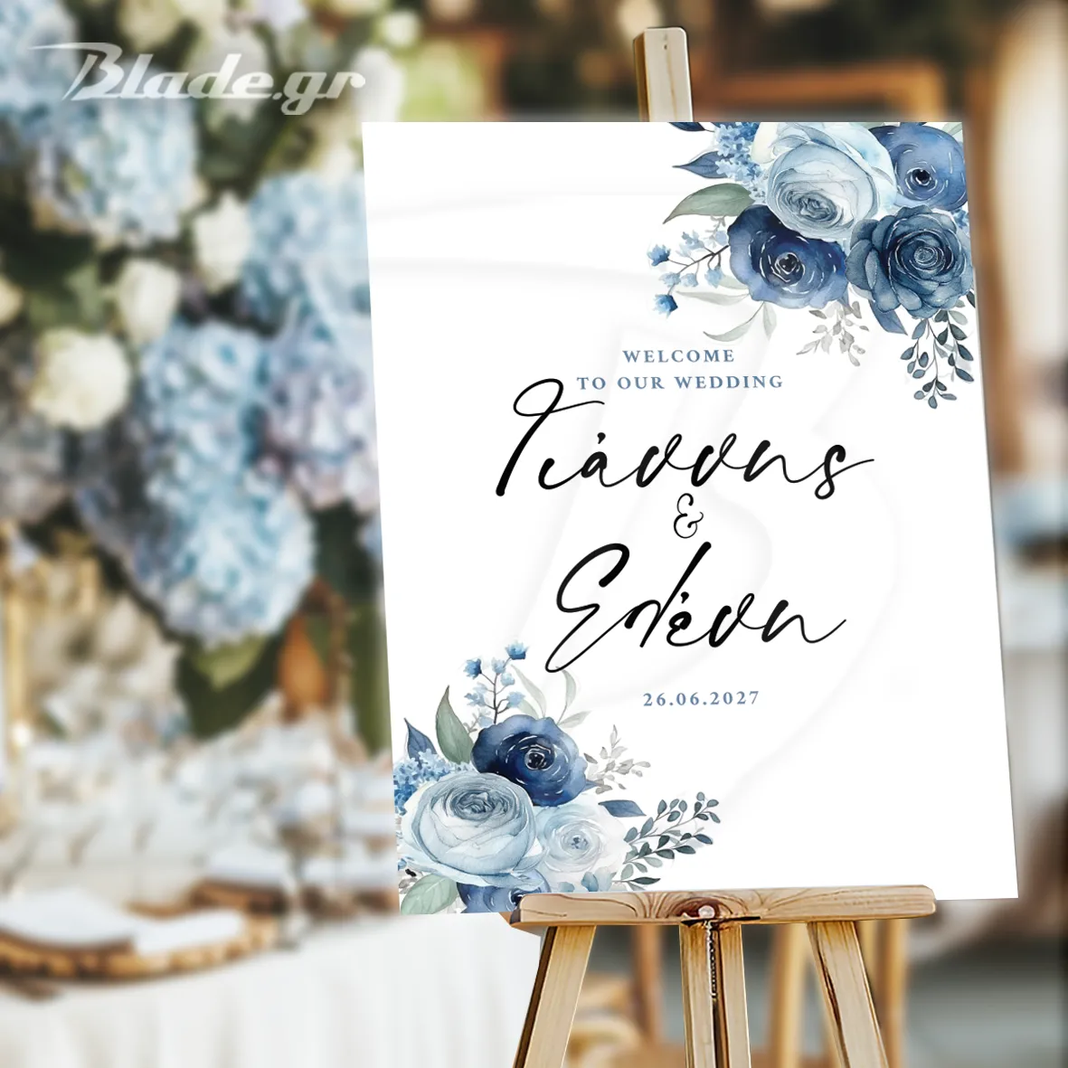 BLUE ROSES WELCOME 50X70 Πίνακας Γάμου καλωσόρισμα με μπλε τριαντάφυλλα