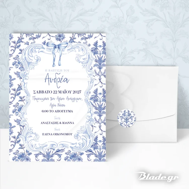 Πρόσκληση βάπτισης blue toile φιόγκος με vintage στυλ | blade.gr