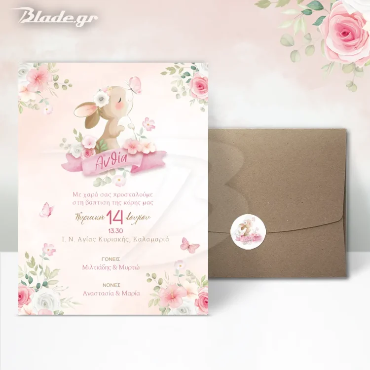 Προσωποποιημένο προσκλητήριο βάπτισης για κορίτσι με θέμα λαγουδάκι και λουλούδια, συνοδευόμενο από κραφτ φάκελο και θεματικό αυτοκόλλητο