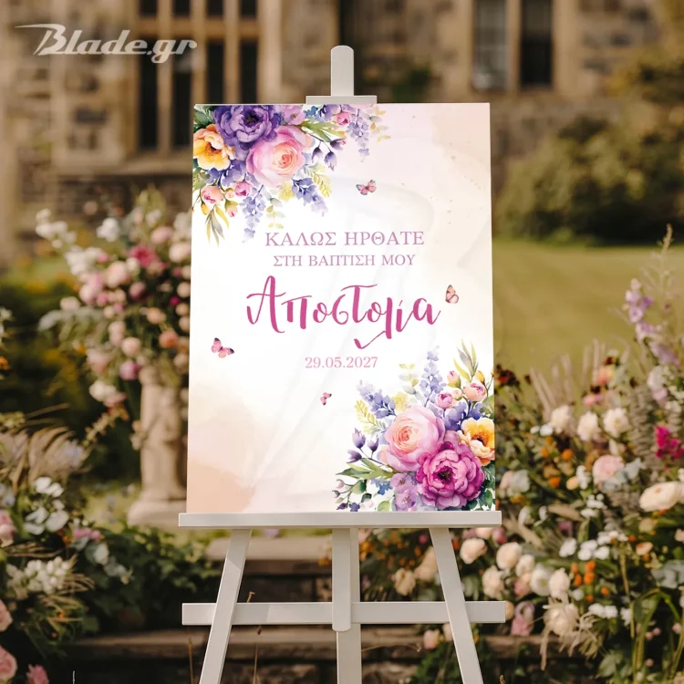 Πίνακας καλωσορίσματος Λιλά λουλούδια πεταλούδες με το όνομα και την ημερομηνία της βάπτισης. Ιδανικό για καβαλέτο | blade.gr