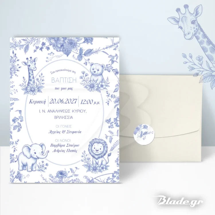 Πρόσκληση βάπτισης toile σαφάρι μπλε με χαριτωμένα ζωάκια της ζούγκλας, ιβουάρ φάκελο και αυτοκόλλητο | blade.gr