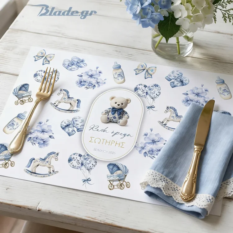 Προσωποποιημένο σουπλά βάπτισης για αγόρι σε στυλ Baby Dior με αρκουδάκι, κουνιστό αλογάκι και καρότσι