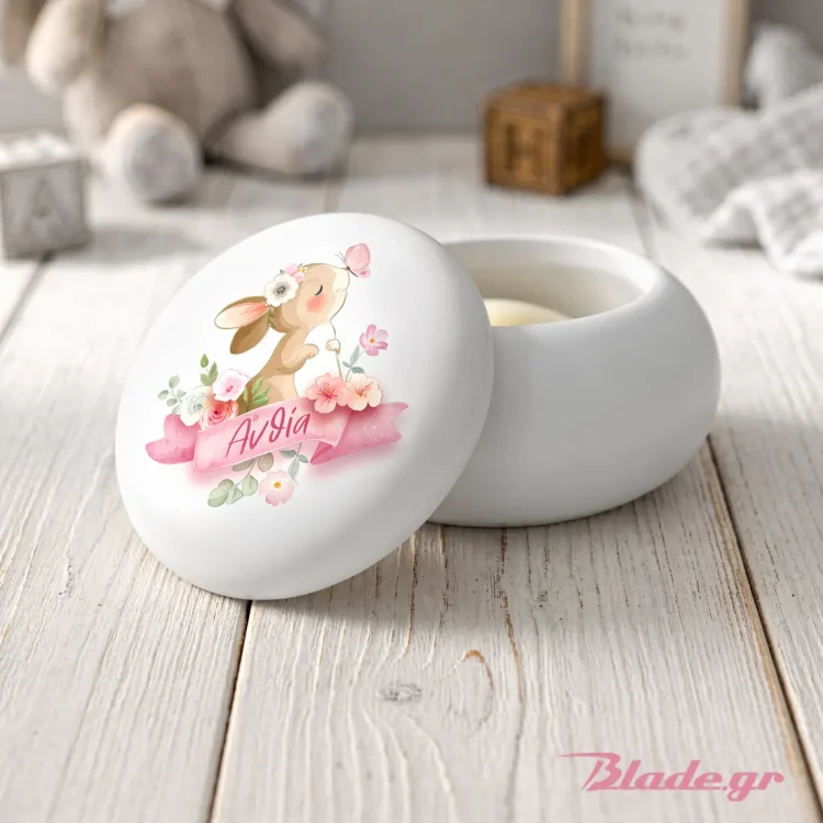 Προσωποποιημένη κεραμική μπομπονιέρα βάπτισης σε σχήμα macaron με το θέμα Floral Bunny