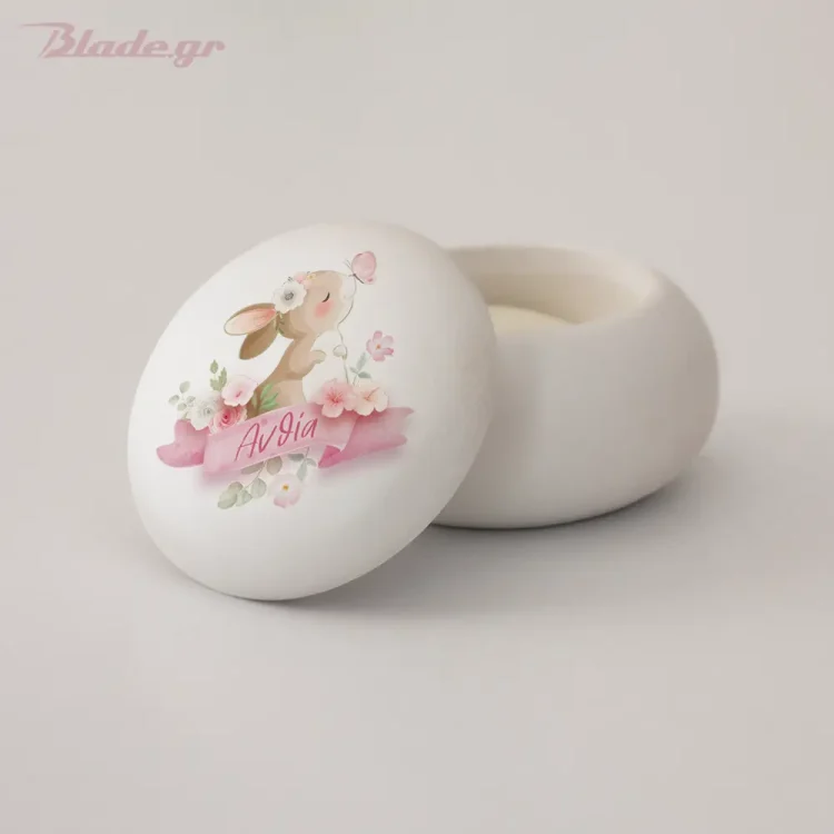 Προσωποποιημένη κεραμική μπομπονιέρα βάπτισης σε σχήμα macaron με το θέμα Floral Bunny