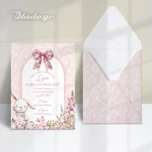 Πρόσκληση βάπτισης Λαγουδάκι - φάκελος με εκτύπωση pink toile μοτίβο. Το μοτίβο τυπώνεται και στο φόντο του προσκλητηρίου | blade.gr