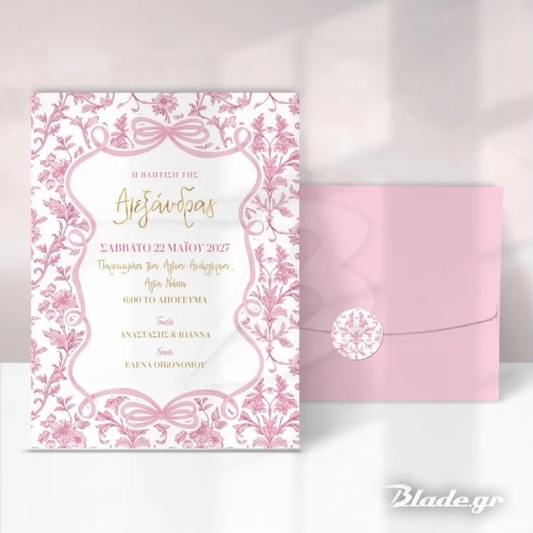 Πρόσκληση βάπτισης Pink Toile φιόγκος με κείμενο σε ροζ χρυσό συνδυασμό και ροζ φάκελο | blade.gr