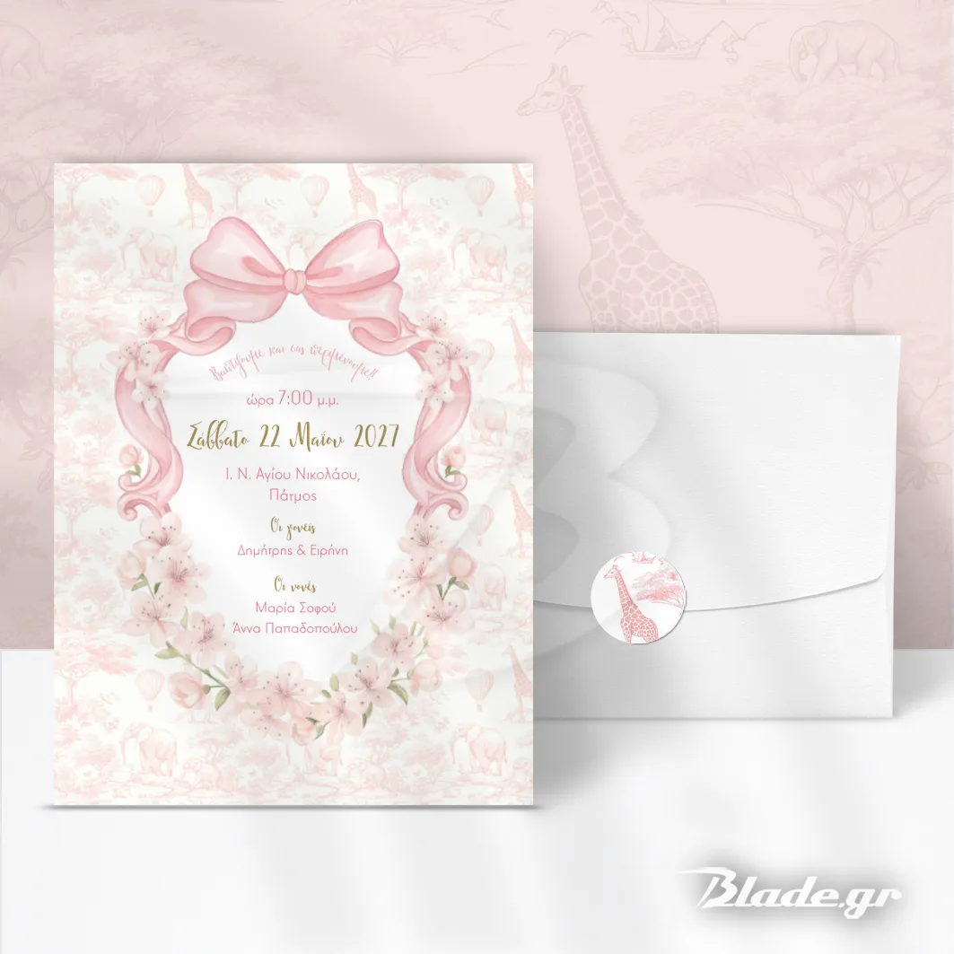 PINK SAFARI LOYLOYDIA Πρόσκληση βάπτισης Toile Σαφάρι Φιόγκος με λουλούδια ροζ με λευκό φάκελο | blade.gr