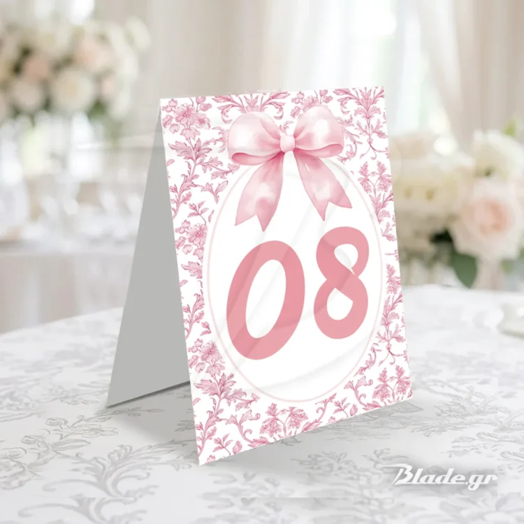 Σπαστή Καρτέλα για Αρίθμηση Τραπεζιού Pink Toile Φιόγκος με τυπωμένο το νούμερο του τραπεζιού βάπτισης | blade.gr